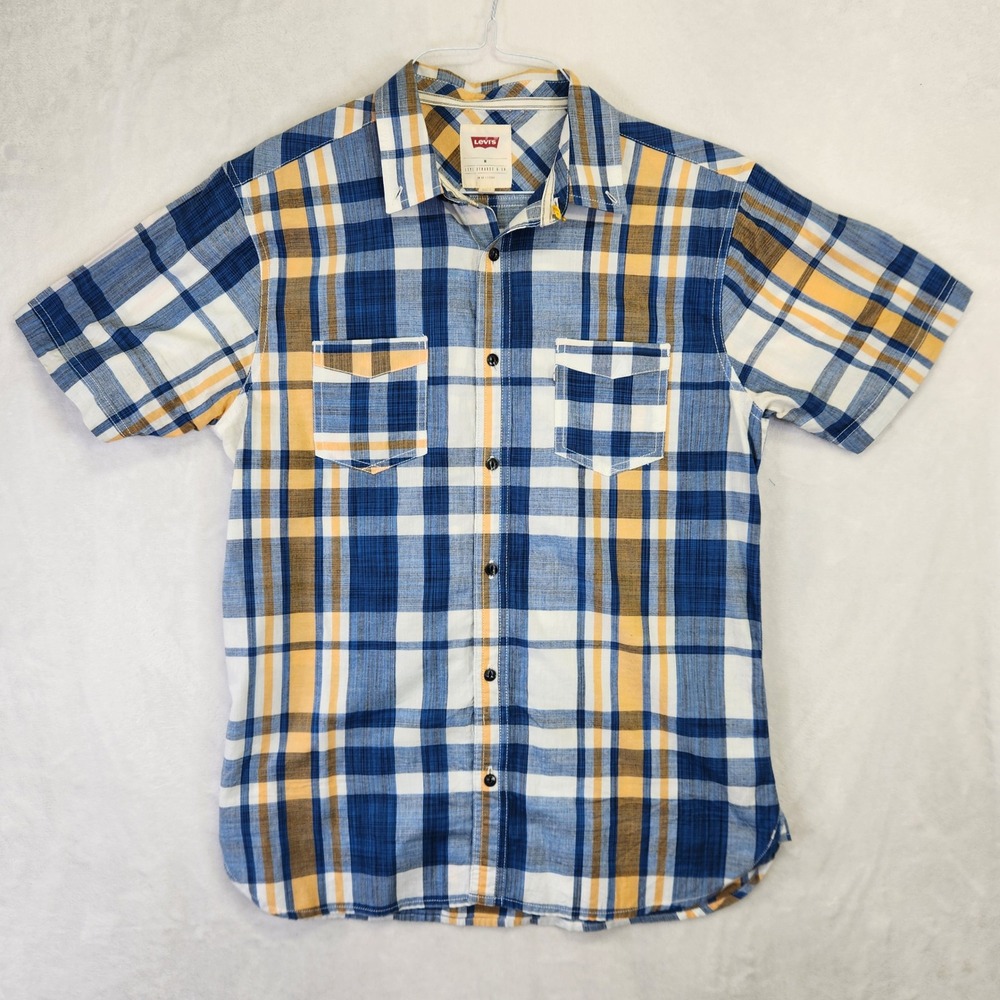 Levis Mens Blue Yellow Plaid Short Sleeve Button Down Shirt Size M Pocket
